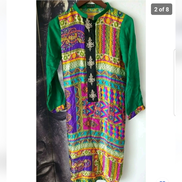 AGHA NOOR Original Stitched Rhineston Trim Floral Print Satin Tunic / Kurta sz S - Picture 1 of 8